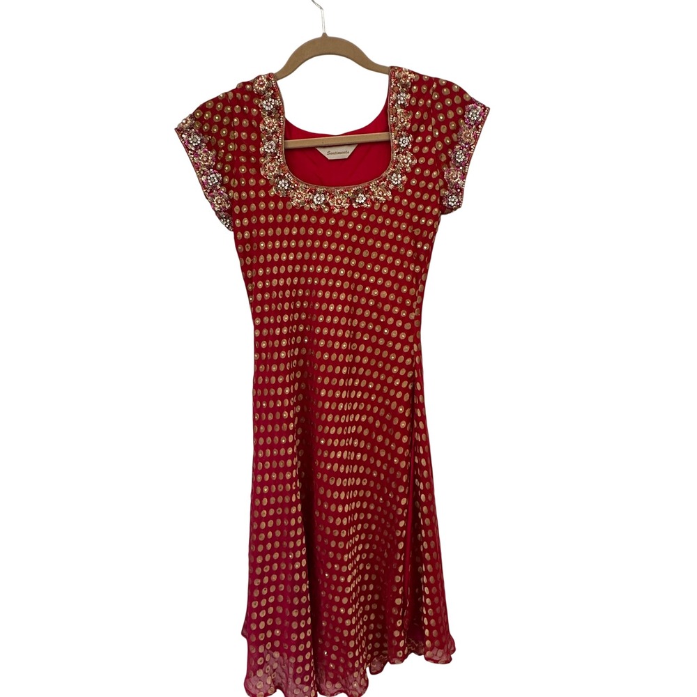 Indo Western Party Dress Red Gold Beaded Sequin Georgette Polka Dot Festive